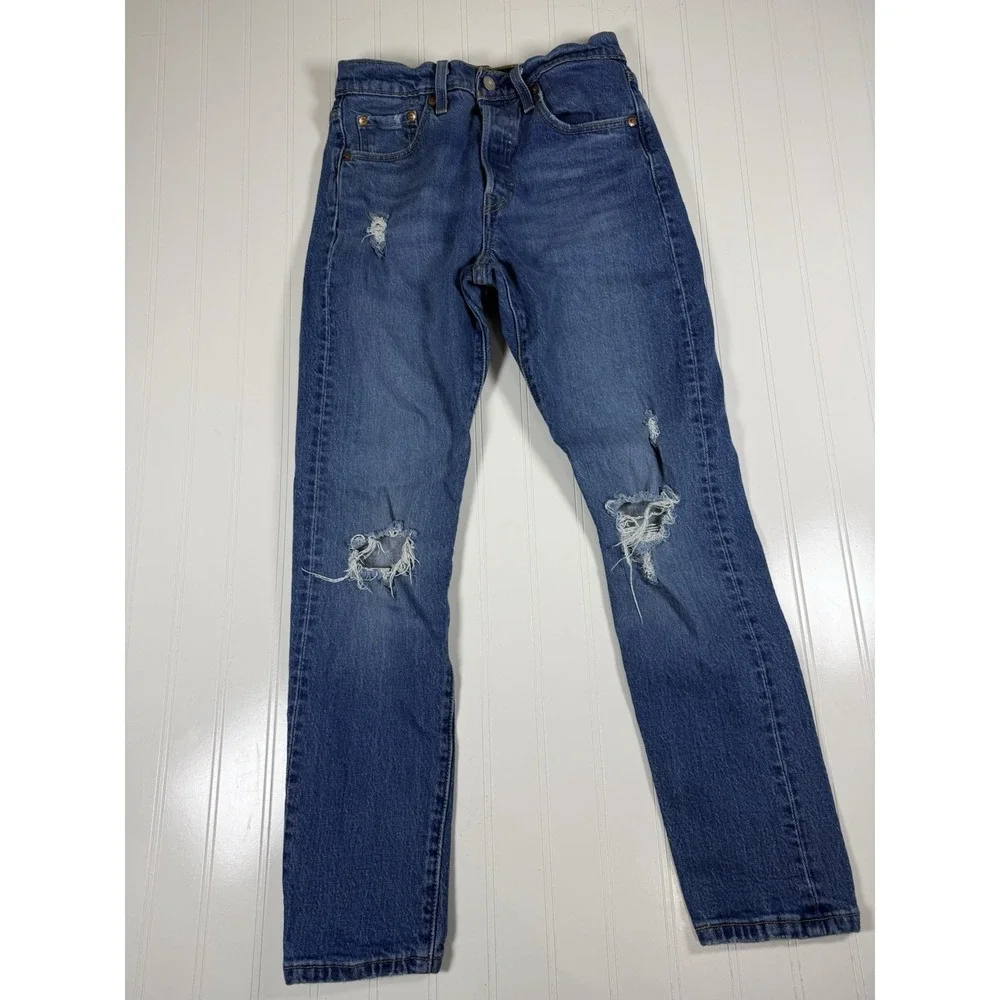 Levis Womens 501s Skinny Jeans 26x28 Blue Button‎ Fly Distressed Rise Denim